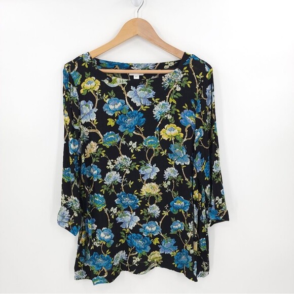 J. Jill Floral Blouse Tie Sleeve Textured Rayon Top Black Blue Career Work Large - Picture 2 of 12